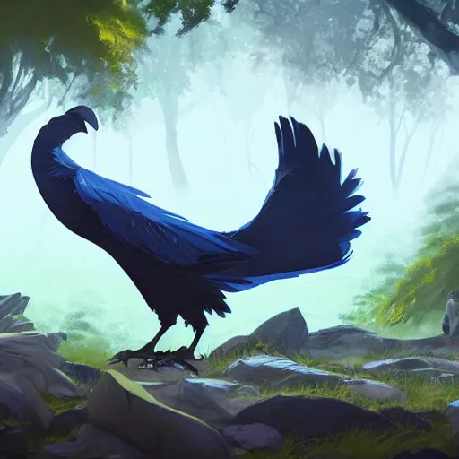 Image similar to concept art painting of an anthropomorphic albino raven wearing dark blue robes, in the deep forest, realistic, detailed, cel shaded, in the style of makoto shinkai and greg rutkowski and james gurney