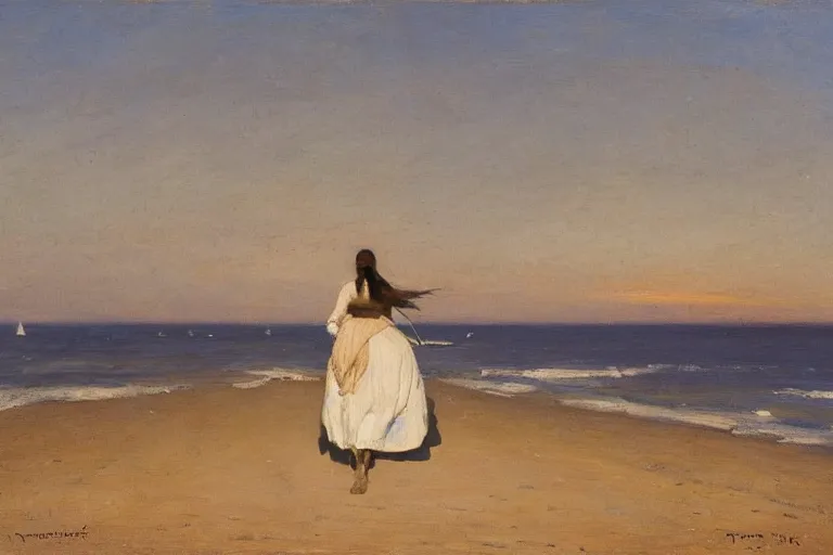 Prompt: Western oil painting of a woman in a white dress riding a horse along the beach, sunset, albert aublet, Charles-Theodore Frere