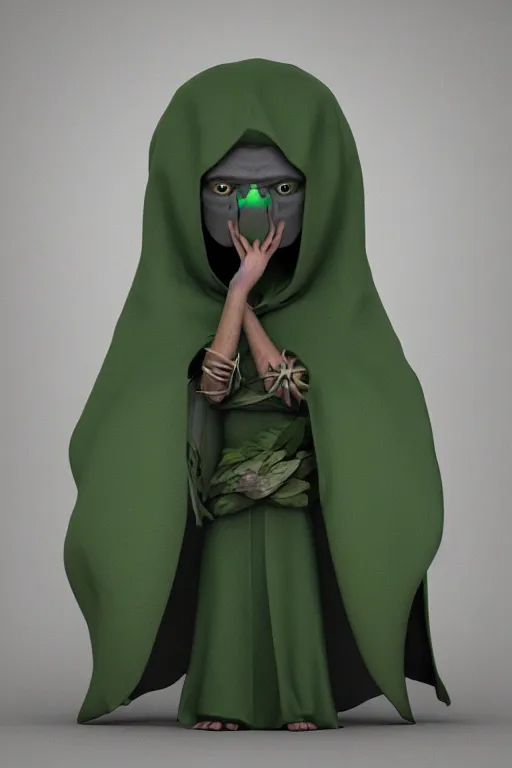 Image similar to A cute shaman with no nose, glowing eyes and a very long hooded dark green cloak of leaves by Vivien Lulkowski and Julien Kaspar, 3D render, stylized, Cycles Render