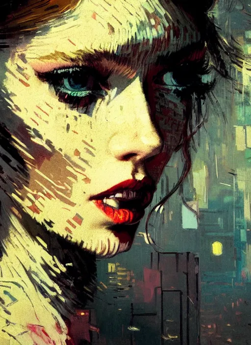 Image similar to portrait of a beautiful girl, new york backdrop, sad, sunset shades, beautiful face, rule of thirds, intricate outfit, spotlight, by greg rutkowski, by jeremy mann, by francoise nielly, by van gogh, digital painting