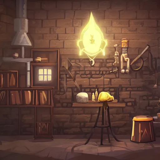 Prompt: abandoned alchemy lab, wizard hat on a stool, sword on the wall above a fireplace with embers in it, a picture of an ominous wizard on the wall