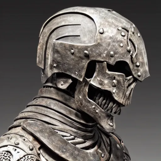 Prompt: berserker in draugr armor with skull mask clay sculpture, art gallery lighting