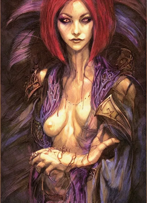 Image similar to portrait of young female sorceress of doom, beautiful! coherent! dungeons and dragons character, by brian froud, strong line, night color, high contrast