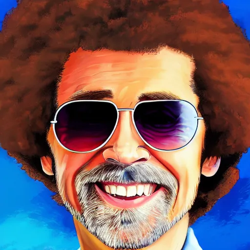 Prompt: Bob Ross painting of badass Richard Hammond wearing sunglasses, 4K, 105mm