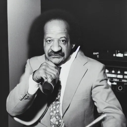 Image similar to sherman hemsley sitting at a recording console in a recording studio, faded photograph from 1 9 8 2