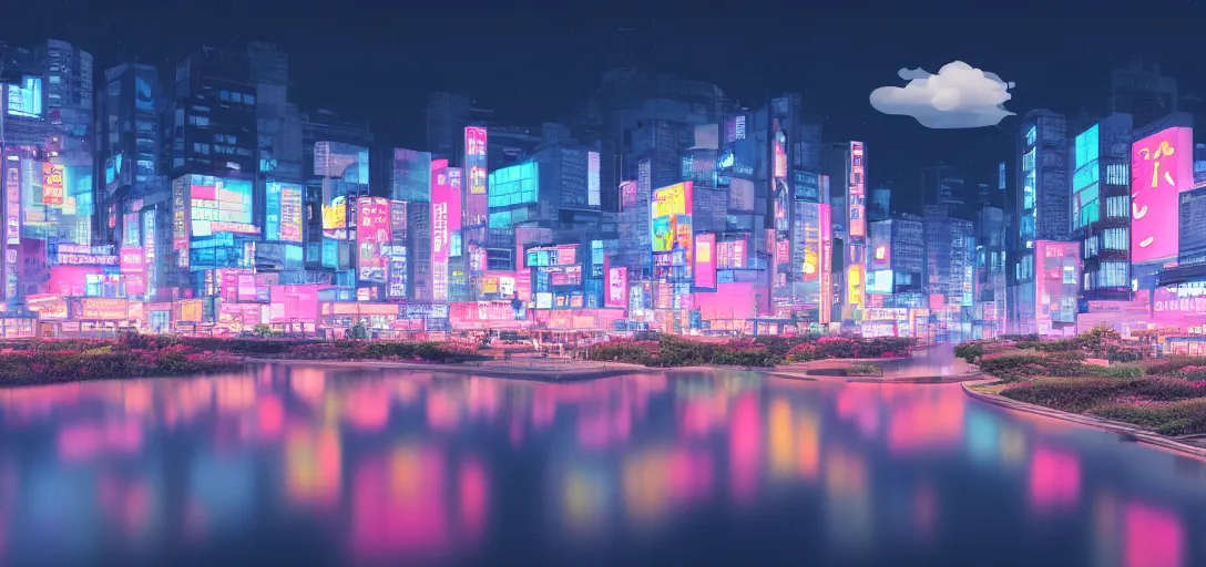 Prompt: very beautiful view of a modern japanese city at night, watery lake with dappled reflections, icy mountains in the background, calm clouds, colorful glow, neon lights, cinematic lighting, ultra detailed, sharp, ambient occlusion, raytracing, by dylan cole, sebastian meyer and jordan grimmer