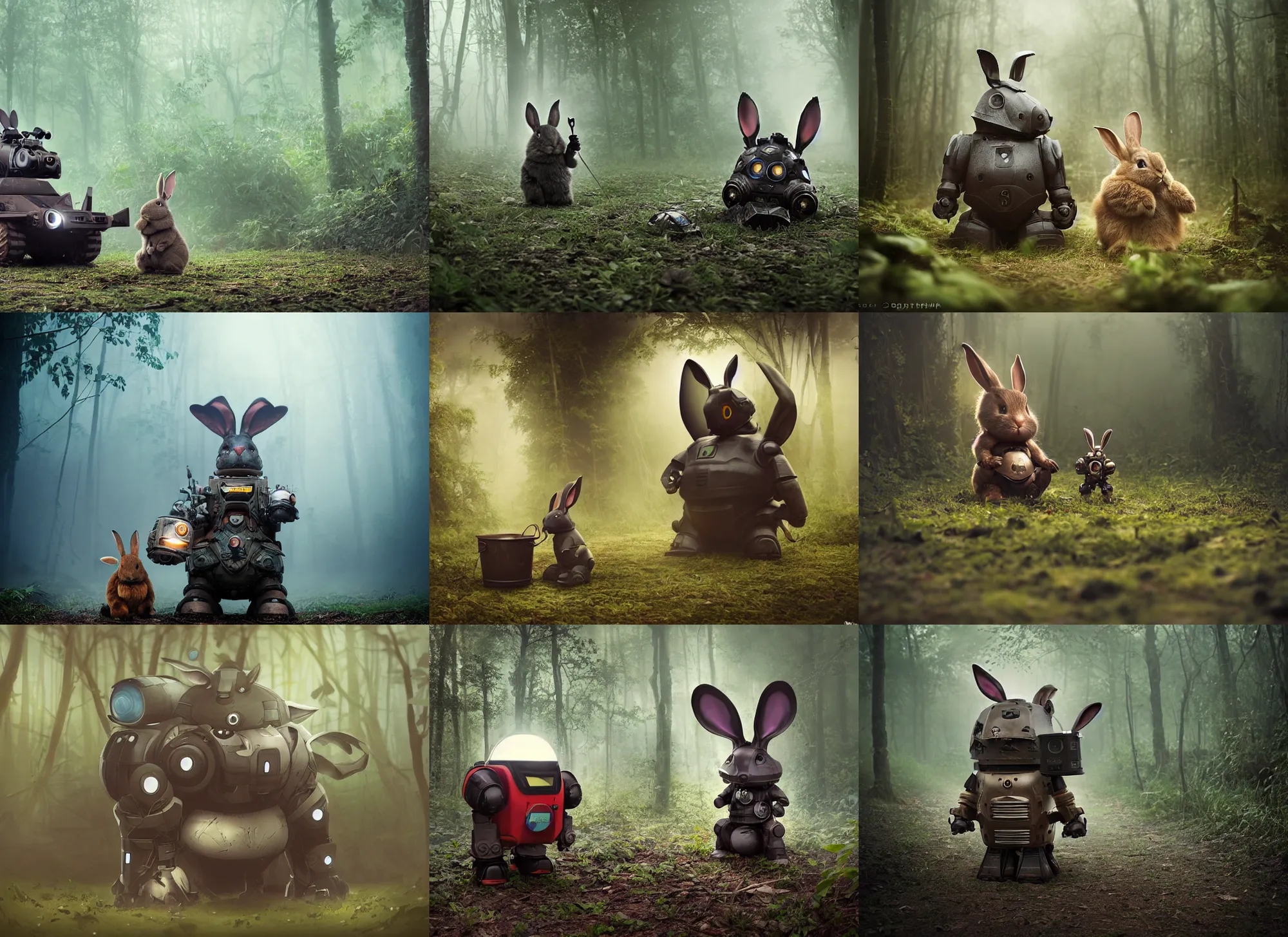 Prompt: dark night oversized battle rabbit robot chubby fatmech trailer bucket bowl vehicle with big ears with rabbit sitting inside, in jungle forest, full body, nighttime, cinematic focus, technicolor photo, vintage, neutral dull colors, soft lights, foggy, overcast by oleg oprisco, by thomas peschak, by discovery channel, by victor enrich, by gregory crewdson