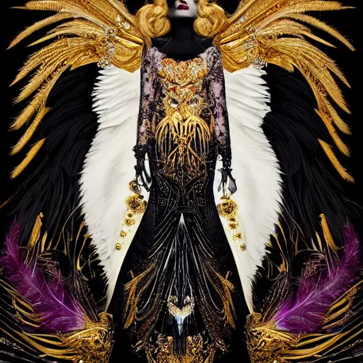 Image similar to a breathtaking portrait of a fierce proud queen of ravens, in a black dress with a collar made of iridescent feathers and golden adornments, geometrical background, gold foil, intricate details, by soey milk and amir ershadi and anja millen