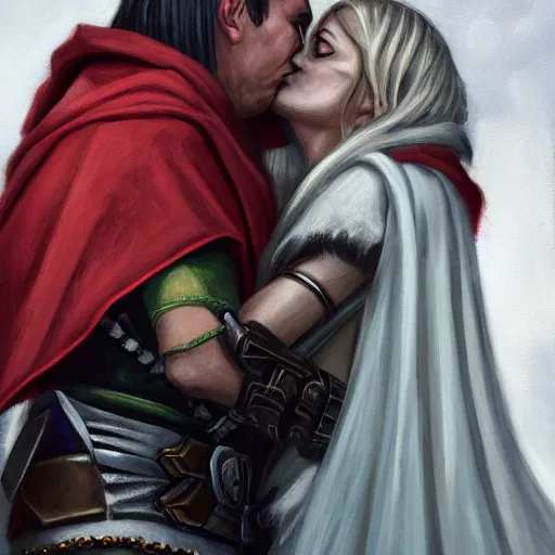 Prompt: Portrait of Sylvanas Windrunner and Adolf Hitler kissing, cinematic shot, trending on artstationhq, oil on canvas