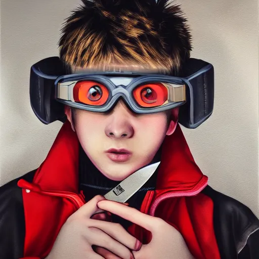 Prompt: a blonde teenager, goggles, red jacket, knife in his mouth, knife in right hand, knife in his left hand, photorealistic, hd, high details, detailed portrait