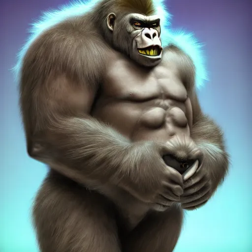 Image similar to angry tough albino gorilla with tattoos, mohawk punk gorilla, mean looking character, interesting 3 d character concept by tiger hkn and gediminas pranckevicius, maplestory, game art, hyper detailed, character modeling, cartoon, cinematic, ray tracing, fur details, maya, c 4 d