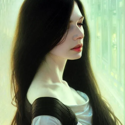 Prompt: portrait of a beautiful pale skin female with long black hair, dark brown eyes, elegant clothing, photorealistic, highly detailed, artstation, smooth, sharp focus, neon lighting, sci - fi, art by klimt, artgerm, greg rutkowski and alphonse mucha