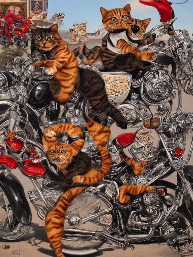 Image similar to a cat portrait riding Harley Davidson Mark Ryden and Alex Gross, Todd Schorr highly detailed