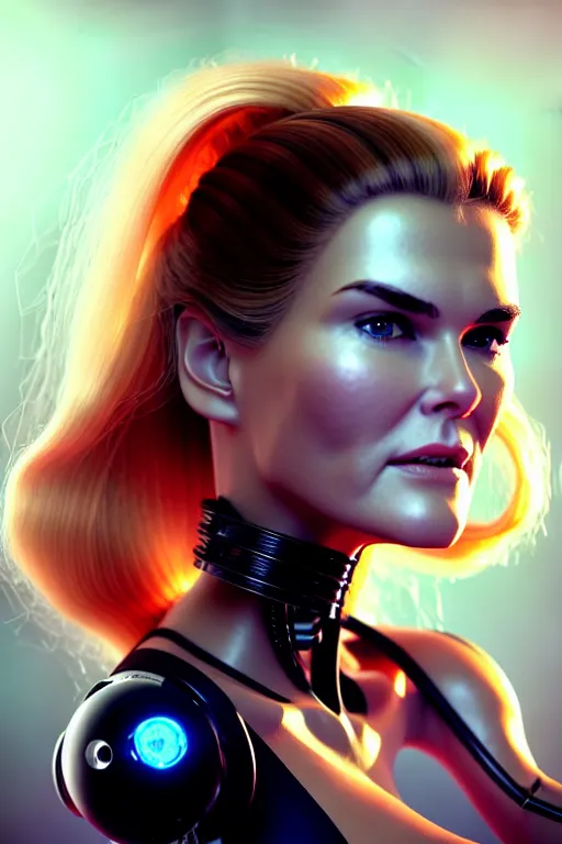 Image similar to mix of beautiful young maria shriver, mariel hemmingway, brooke shields, nicole kidman and elle macpherson as a cyborg terminator, thin lips, hair tied up in a pony tail, dark blonde hair, colorful, artstation, cgsociety