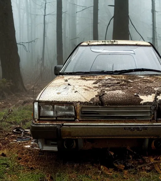 Image similar to crashed 1980s ford cortina, abandoned in a forest, fog, rural, damage, nature