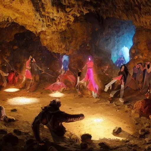 Prompt: medieval people dancing in a cave, there are colorful crystals on the ceiling and on the ground, by greg rutkowski, 4k, very detailed