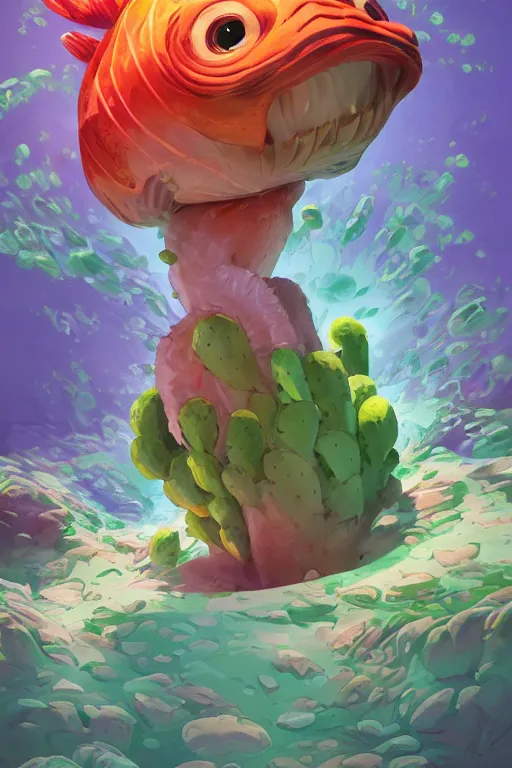 Image similar to 3 d render creature animal sushi cristal very big eye roots cactus elemental flush of force nature micro world fluo fishscale, comics gta 5 cover, official fanart behance hd artstation by jesper ejsing, by rhads, makoto shinkai and lois van baarle, ilya kuvshinov, ossdraws