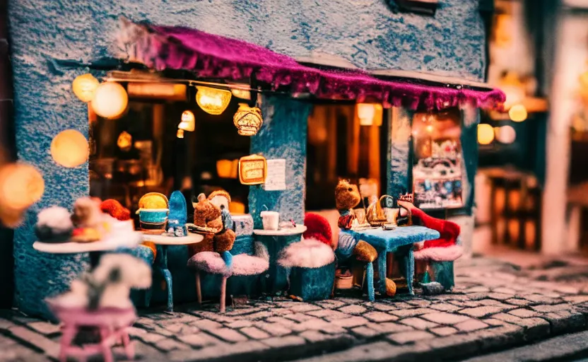 Image similar to miniature cafe diorama, macro photography, cafe with felted cookie monsters on a date, alleyway, ambient, atmospheric, british, cozy, bokeh, romantic, colorful lanterns