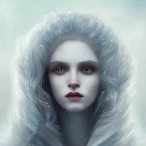 Image similar to a portrait of a ice queen with long dark curly red hair, stoic, pale skin, alone, white eyes, dramatic, epic painting, painting by wlop, nixeu and sakimichan, semirealism, artstation, octane render, sharpness, 8 k, golden ratio