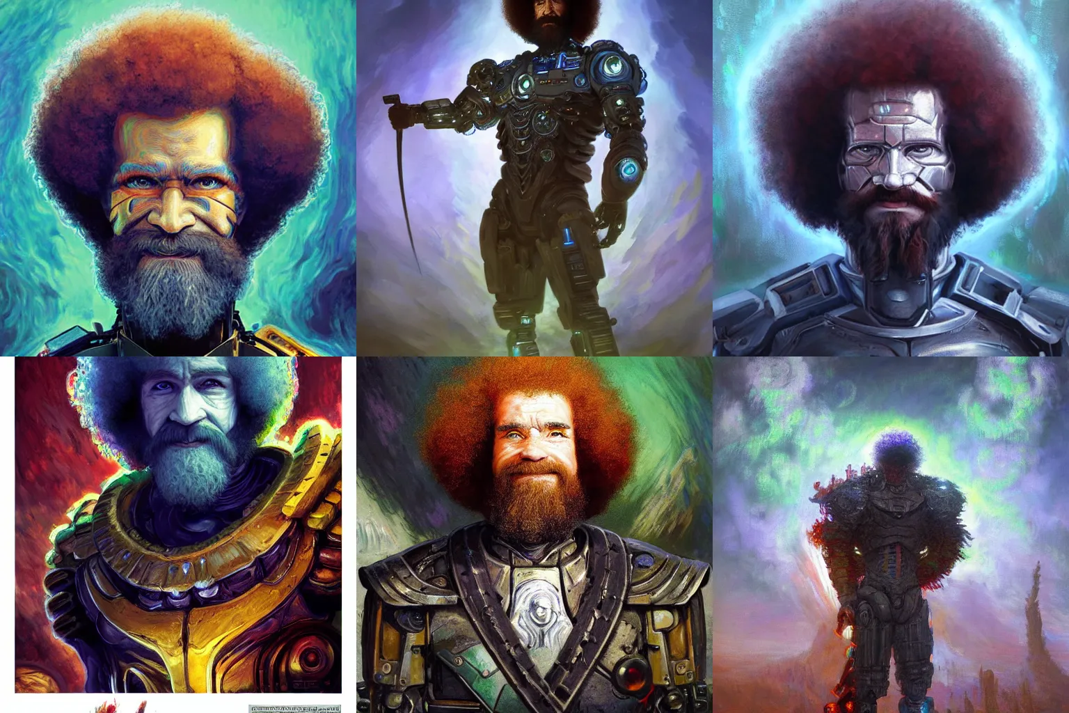 Prompt: A cyborg Bob Ross as the ultimate tyrant emperor of the universe. Trending on ArtStation. A vibrant digital oil painting. A highly detailed sci-fi fantasy character illustration by Wayne Reynolds and Charles Monet and Gustave Dore and Carl Critchlow and Bram Sels