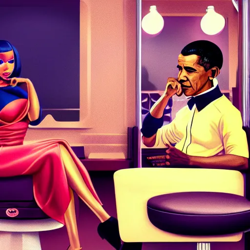 Image similar to illustration of nicki minaj sitting next to barack obama in a 6 0's vintage barbershop. symmetry, cinematic scene. ambient lighting, brownish colors, hyper detailed. octane render. concept art. trending on artstation.