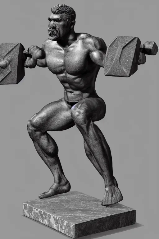 Image similar to the statue in marble of a crossfitter with a mustache holding a dumbell, mattepainting, global illumination, concept Blizzard pixar maya engine on stylized background