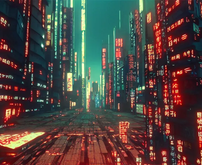 Image similar to cyberpunk street view, film still from japanese animated cyberpunk film Akira movie with art direction by Katsuhiro Otomo, wide lens