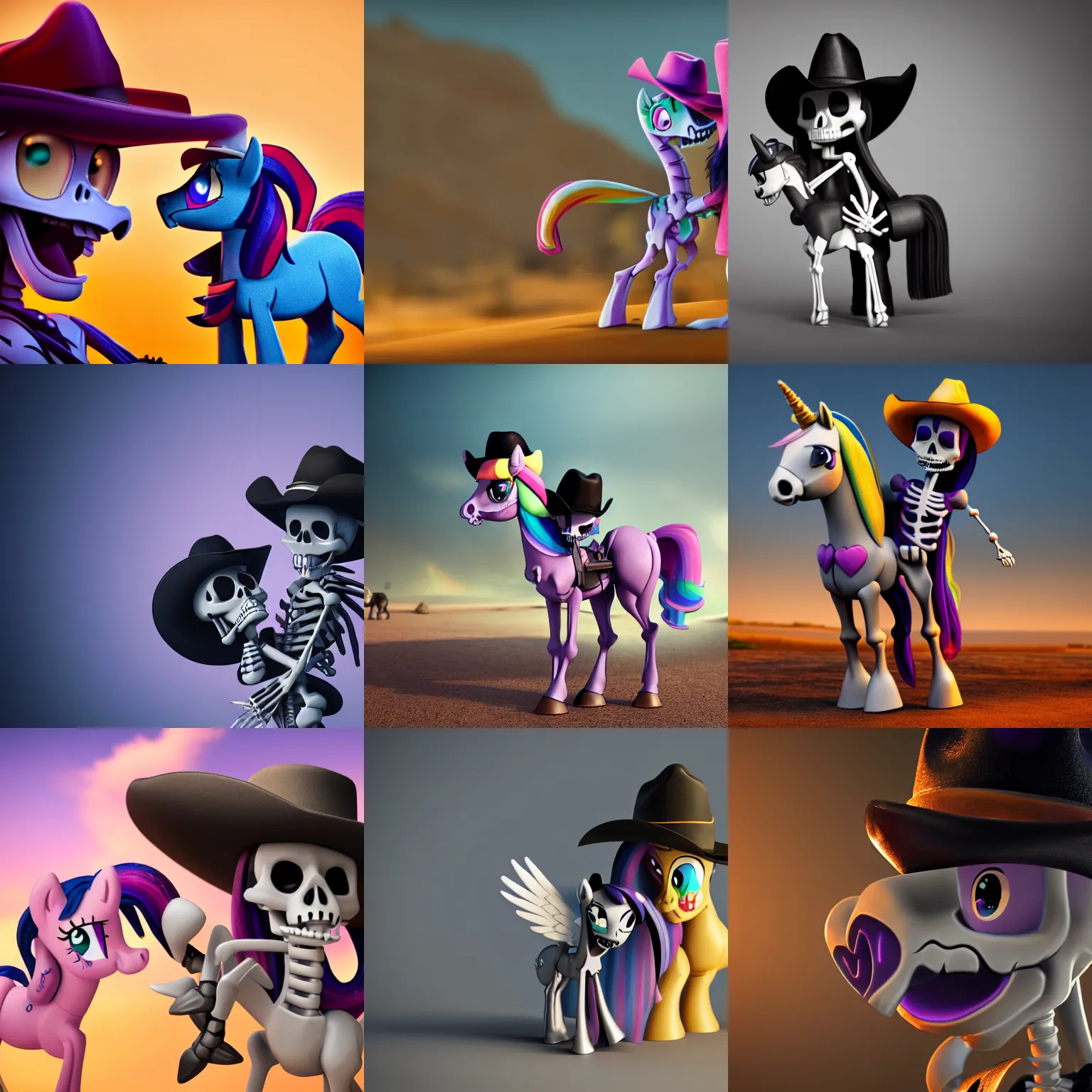 Prompt: a cartoon skeleton in a cowboy hat hugging a pony ( twilight sparkle ) from my little pony. painting octane render. trending. cinematic. epic. highly detailed. 8 k