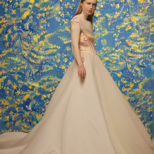Image similar to A magnificent ball gown with a design inspired by Van Gogh's Starry Night. Studio Lighting