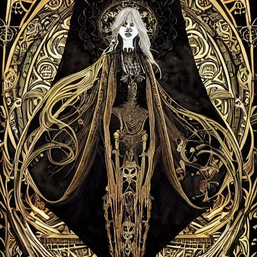 Image similar to a skeleton in a black cloak, highly detailed, very intricate, art nouveau, gold filigree, tarot concept art watercolor illustration by mandy jurgens and alphonse mucha and alena aenami, featured on artstation