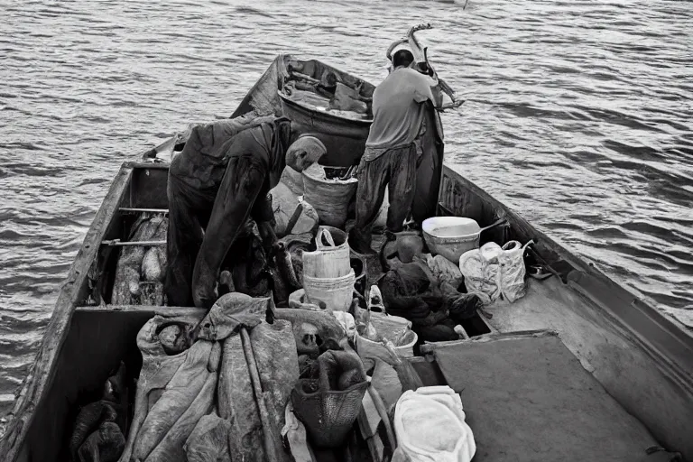 Prompt: cinematography Greek fisherman loading their boat by Emmanuel Lubezki