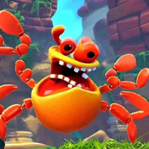 Image similar to screenshot of a cute wacky humanoid crab enemy with a coat in crash bandicoot video game, crash bandicoot 4, playstation 1 era graphics, activision blizzard style, 4 k upscaled graphics