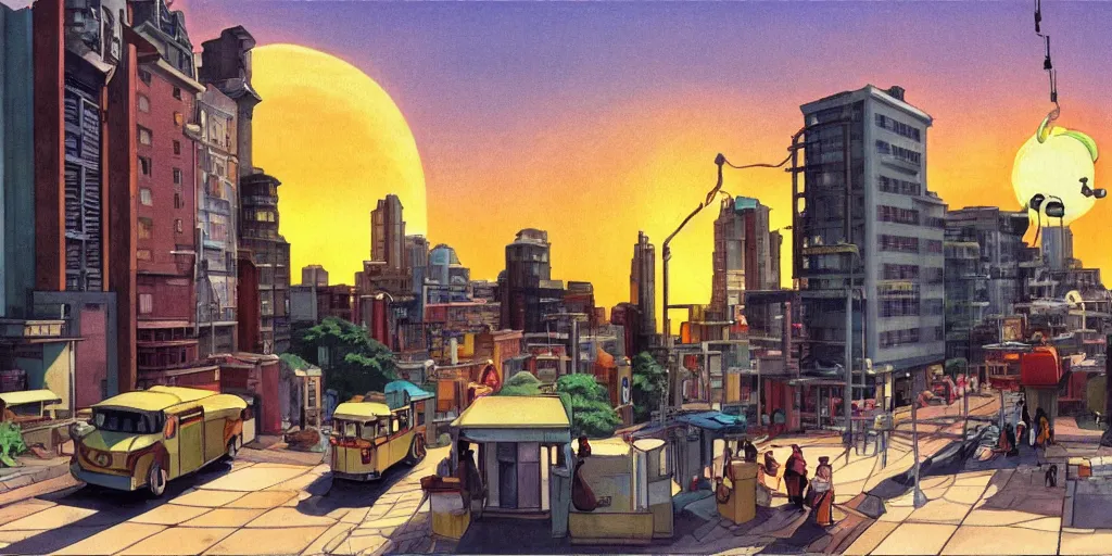 Image similar to fusion reactor, wonderous and magical, in an urban setting, sunset, by Studio Ghibli and Edward Hopper