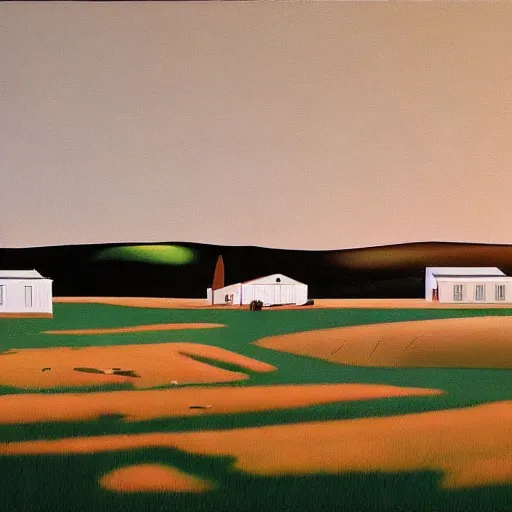 Image similar to dreaming futuristic rural landscape with modern houses, painted by Alex Katz and Edward Hopper, airbrush, highly detailed