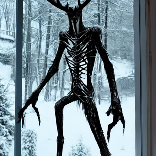 Prompt: wendigo on the outside of the window peaking in, spooky, realistic, clear, crisp, sharp, detailed
