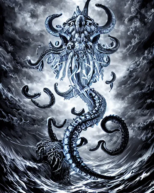 Image similar to A huge blue kraken in a vast sea, terrifying, black and white, fantasy art, monster art, in the style of masami kurumada, illustration, epic, fantasy, intricate, hyper detailed, artstation, concept art, smooth, sharp focus, ray tracing