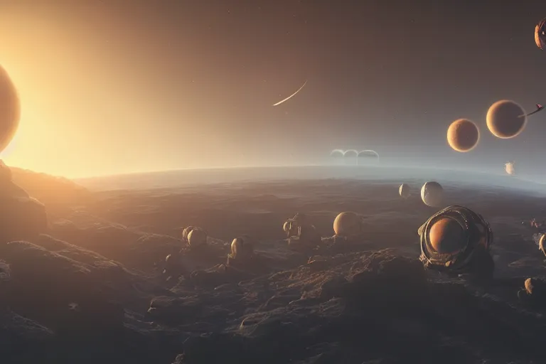Prompt: beautiful sci fi space scene with planets, concept art trending on artstation, volumetric lighting, 8k