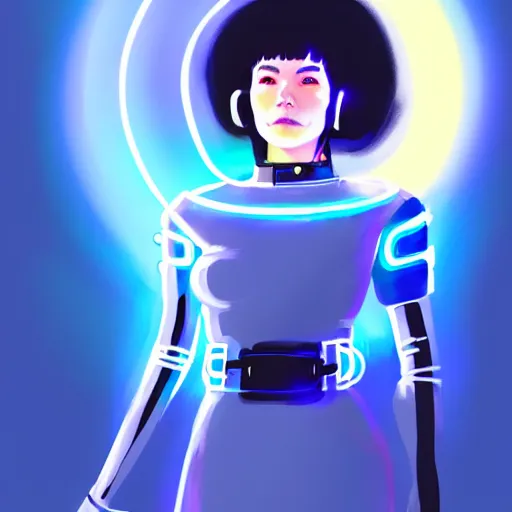 Image similar to a beautiful! bjork model, wearing futuristic cyber leather dress with glowing blue led lights, jrpg aztec street fashion, gapmoe yandere grimdark, trending on pixiv fanbox, painted by greg rutkowski makoto shinkai takashi takeuchi studio ghibli, akihiko yoshida