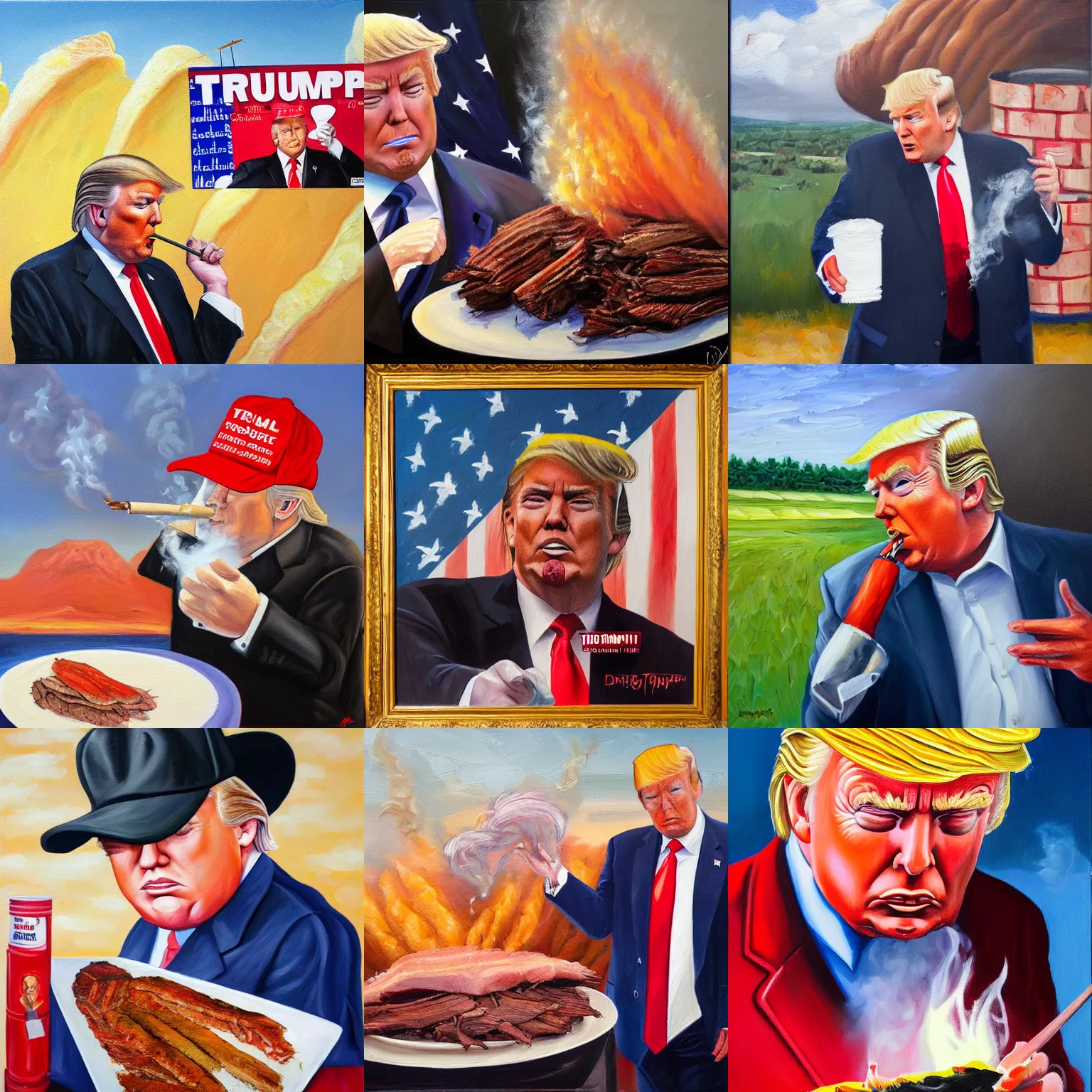 Prompt: donald trump smokes a brisket on an offset, oil on canvas painting