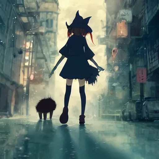Image similar to anime key visual of a little witch with her capybara mascot walking through busy cities, cinematic lighting, dramatic atmosphere, by dustin nguyen, akihiko yoshida, greg tocchini, greg rutkowski, cliff chiang, 4 k resolution
