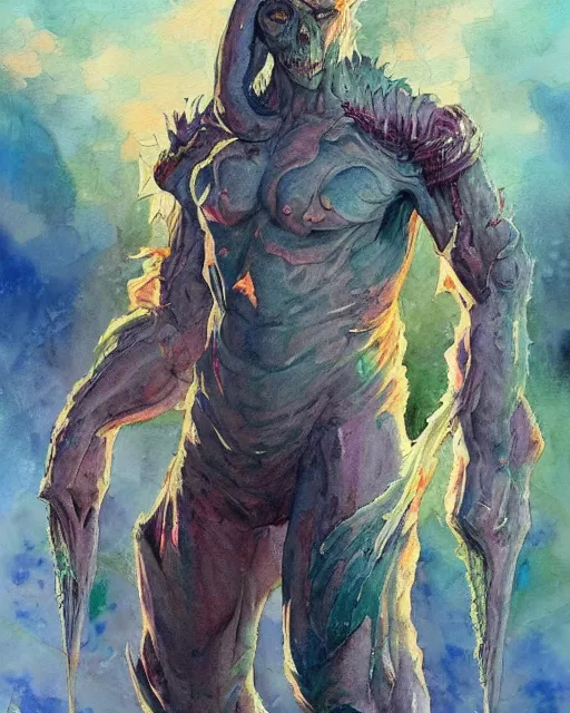 Image similar to a oil / watercolor painting full body character portrait of the monster fighter who is a half - human / half magical being. in the style of moebius in the style of leonard boyarsky trending on artstation deviantart pinterest detailed realistic hd 8 k high resolution