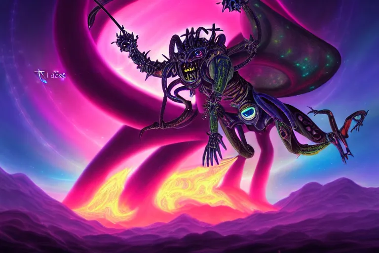 Image similar to epic pose of rebulon the ancient demon, by lisa frank, masterpiece concept art, 8 k, intricate detail, cinematic lighting, epic pose, deep colors, majestic view