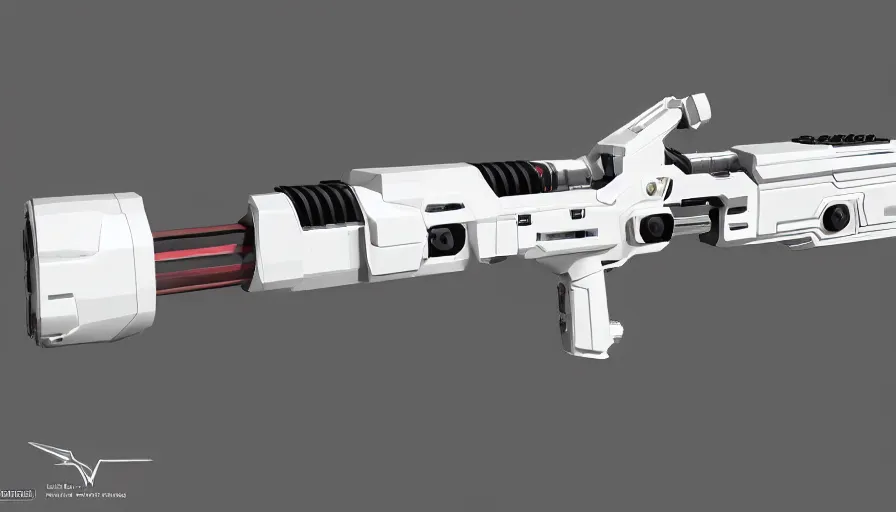 Image similar to extremely detailed realistic side view of a sci fi laser gatling gun, detailed trigger, chemically propelled, pattery powered, smooth streamline, battery and wires, railgun, tribarrel, gauss, elegant sleek smooth body, white paint, smooth utopian design, ultra high quality, minimalist, octane, cod, destiny, warframe, terminator