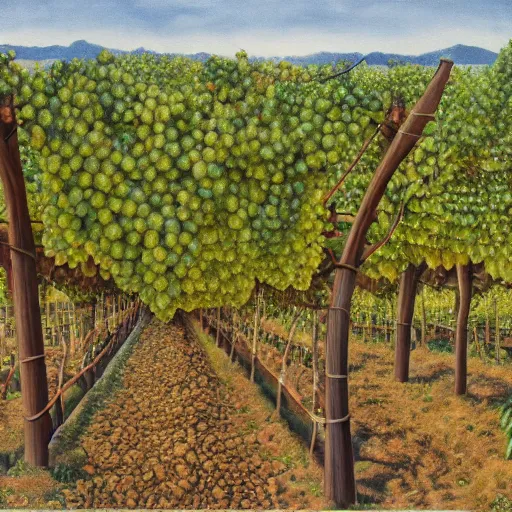 Image similar to Hyperrealism traditional austian vineyard work, painting by MC Escher