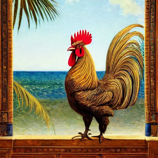 Image similar to a ultradetailed beautiful painting of a rooster in the amazonas palace balustrade designed by jules bastien - lepage, hans belmer, frank weston and gustave baumann, beach, trending on artstation, mediterranean, palm trees, refracted color sparkles, sharp focus, soft light, 8 k 4 k