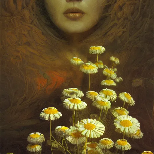 Image similar to a chamomile | highly detailed oil painting, hyperrealistic, very intrincate | cinematic lighting, award - winning | by rachel ruysch, giger, beksinski and bocklin | by austin osman spare and william blake, trending on artstation, cgsociety, official art, octane.