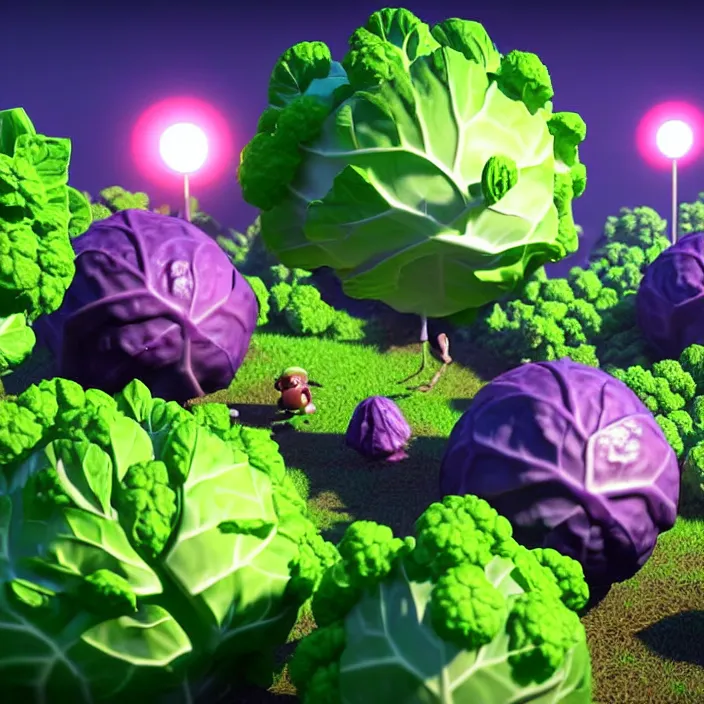 Image similar to high quality 3 d render very cute cabbages party! highly detailed, unreal engine cinematic smooth, moody purple glow light, low angle, uhd 8 k, sharp focus
