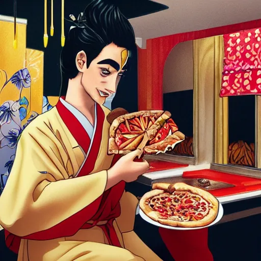 Prompt: hades in kimono eating pizza