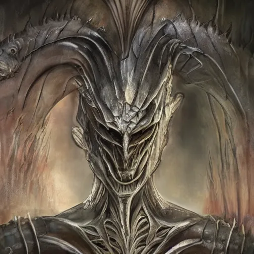 Image similar to Giger portrait of the dragon queen, Dragon in dragon lair, HD, full body dragon concept, flying dragon, Human body with dragon features, ray tracing, 4k realistic 3d rendered portrait, soft shading, soft colors, relaxed colors, hyperdetailed, wide angle lens, fantasy, futuristic horror, style of giger