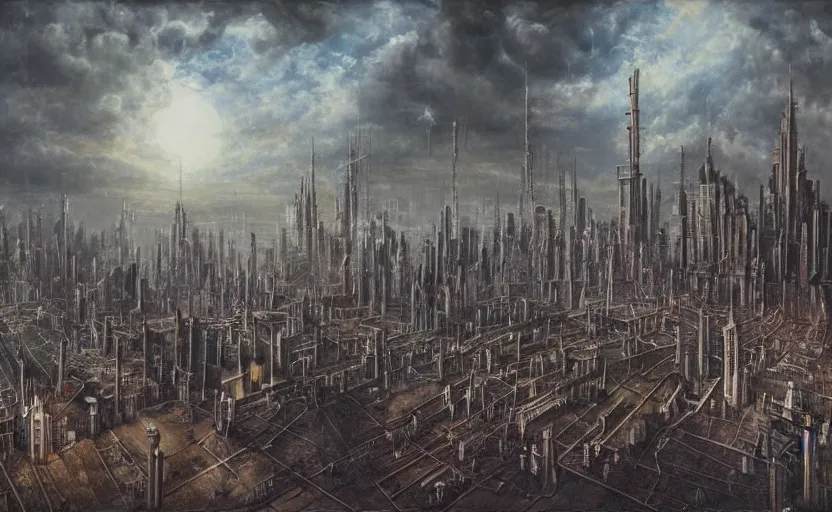 Image similar to a Dystopian gothic surrealism painting of a cyberpunk megalopolis extending up into the sky